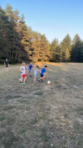 Fußballspiel auf einer Wiese in der Abendsonne